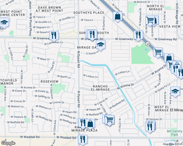 map of restaurants, bars, coffee shops, grocery stores, and more near 13005 West Mauna Loa Lane in El Mirage