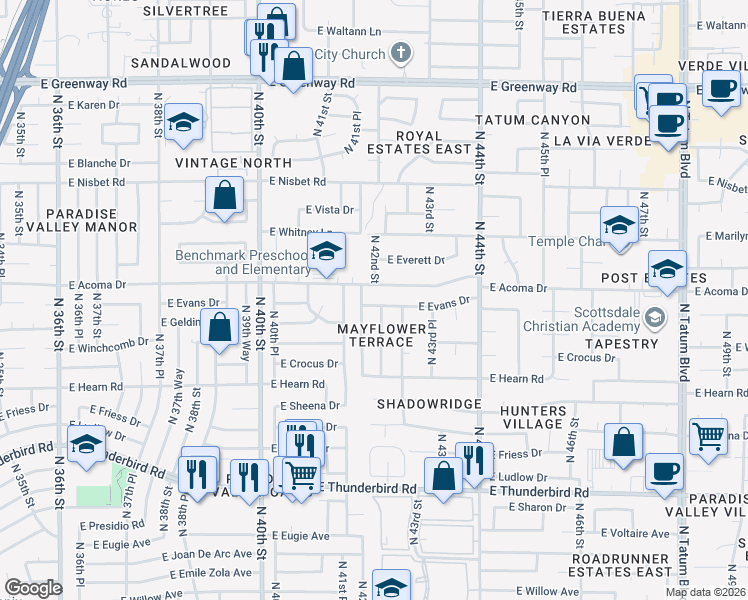 map of restaurants, bars, coffee shops, grocery stores, and more near 4201 East Evans Drive in Phoenix