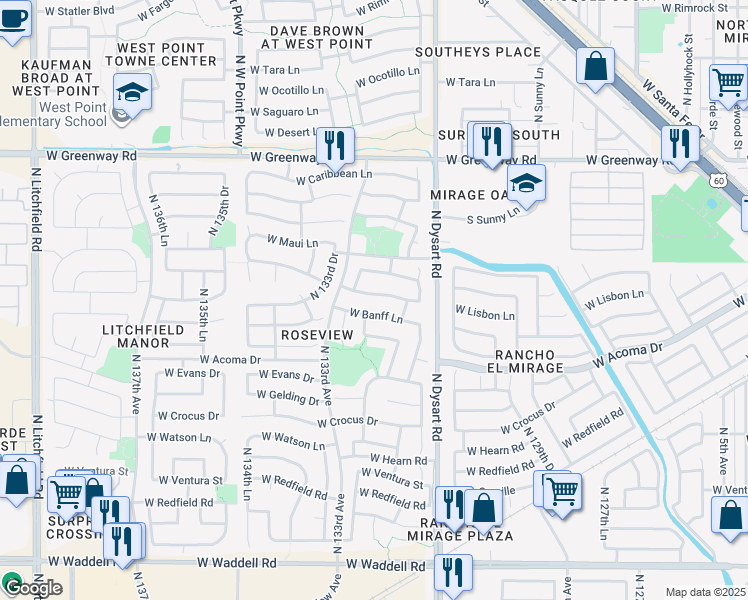map of restaurants, bars, coffee shops, grocery stores, and more near 13217 West Mauna Loa Lane in Surprise