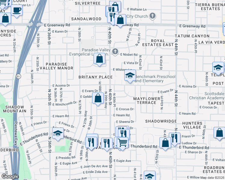 map of restaurants, bars, coffee shops, grocery stores, and more near 14419 North 39th Way in Phoenix