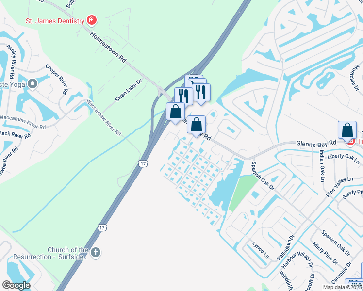 map of restaurants, bars, coffee shops, grocery stores, and more near 2276A Essex Drive in Surfside Beach