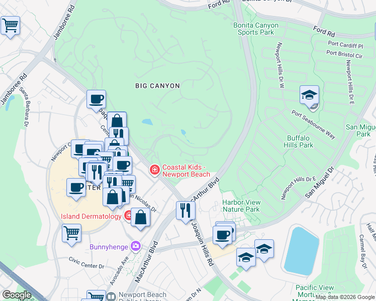 map of restaurants, bars, coffee shops, grocery stores, and more near 18 Rue Grand Vallee in Newport Beach