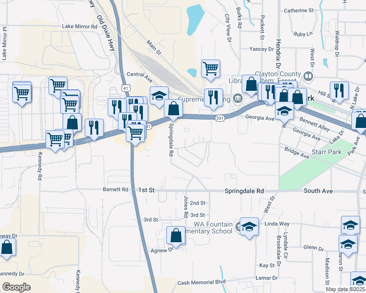map of restaurants, bars, coffee shops, grocery stores, and more near 154 Governors Drive in Forest Park