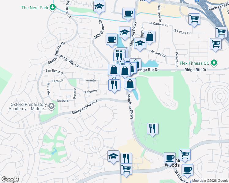 map of restaurants, bars, coffee shops, grocery stores, and more near 23685 Moulton Parkway in Laguna Hills