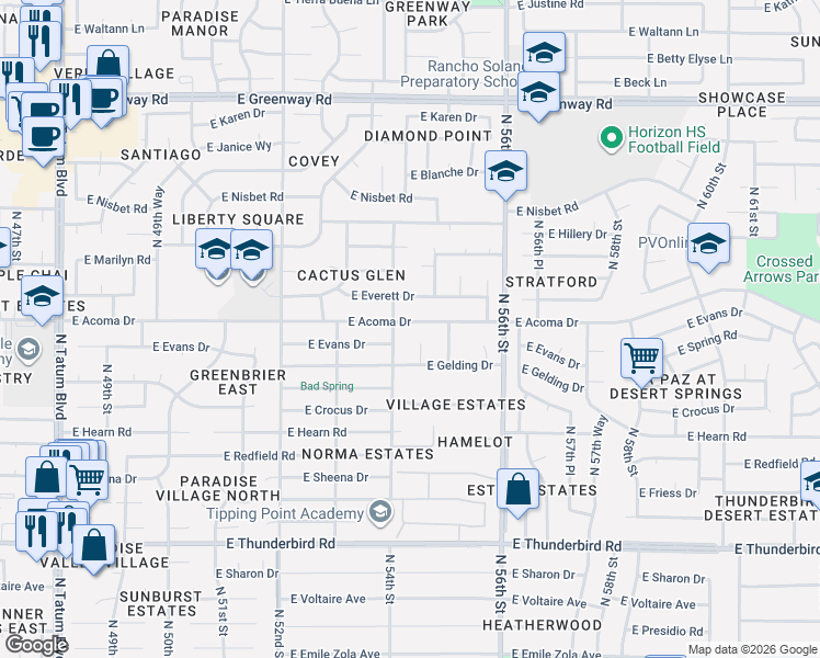 map of restaurants, bars, coffee shops, grocery stores, and more near 14459 North 54th Street in Scottsdale