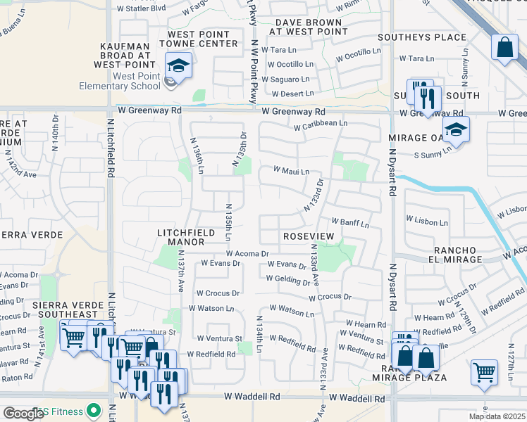 map of restaurants, bars, coffee shops, grocery stores, and more near 13432 West Mauna Loa Lane in Surprise