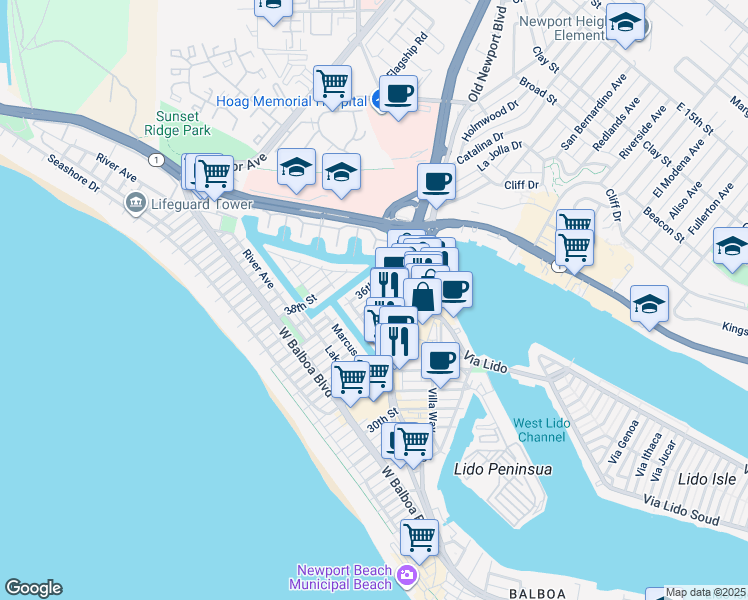 map of restaurants, bars, coffee shops, grocery stores, and more near 517 35th Street in Newport Beach
