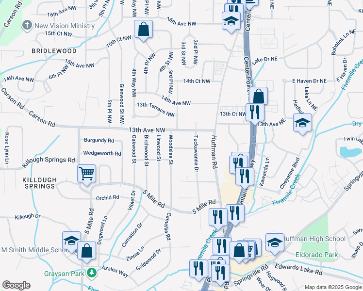 map of restaurants, bars, coffee shops, grocery stores, and more near 122 12th Court Northwest in Birmingham