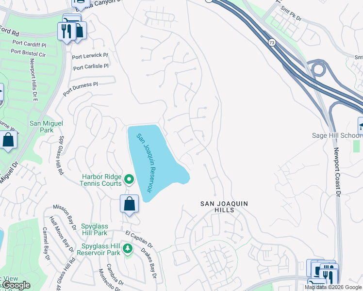 map of restaurants, bars, coffee shops, grocery stores, and more near 31 Harcourt in Newport Beach
