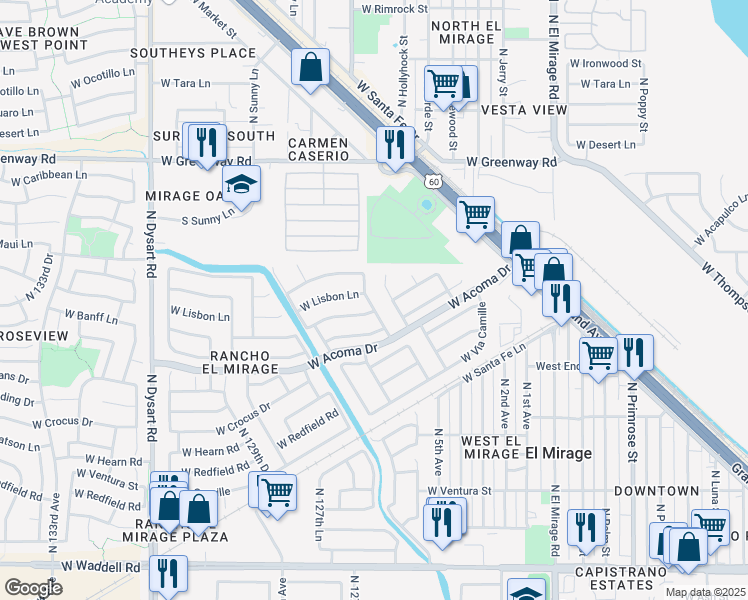 map of restaurants, bars, coffee shops, grocery stores, and more near 14809 North 125th Avenue in El Mirage