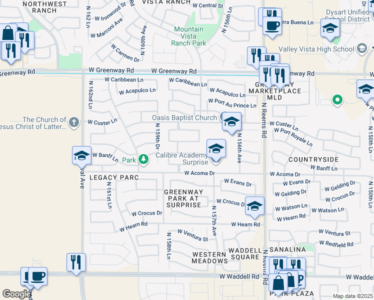 map of restaurants, bars, coffee shops, grocery stores, and more near 15851 West Banff Lane in Surprise