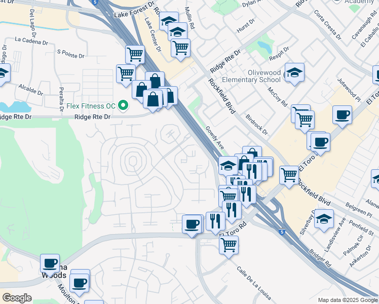 map of restaurants, bars, coffee shops, grocery stores, and more near 2116 Via Puerta in Laguna Woods