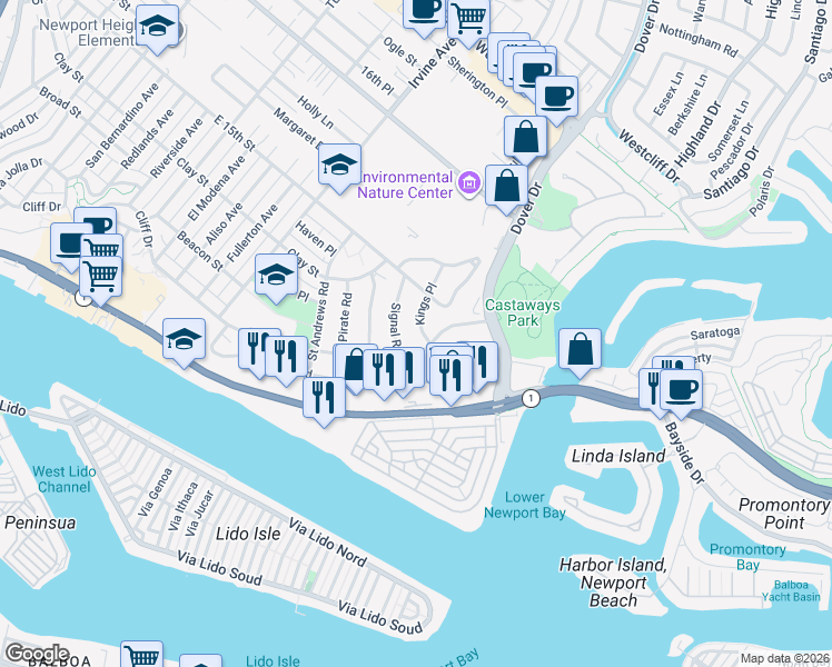 map of restaurants, bars, coffee shops, grocery stores, and more near 309 Kings Place in Newport Beach