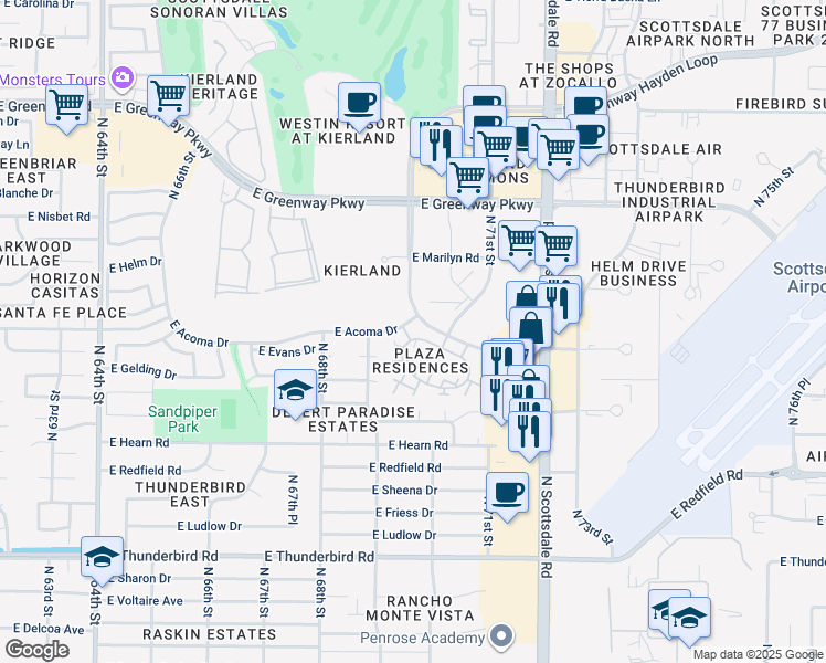 map of restaurants, bars, coffee shops, grocery stores, and more near 7009 East Acoma Drive in Scottsdale