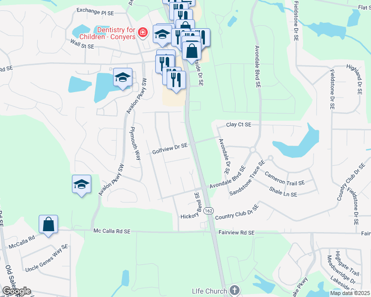 map of restaurants, bars, coffee shops, grocery stores, and more near 2140 Fieldstone View Court Southeast in Conyers