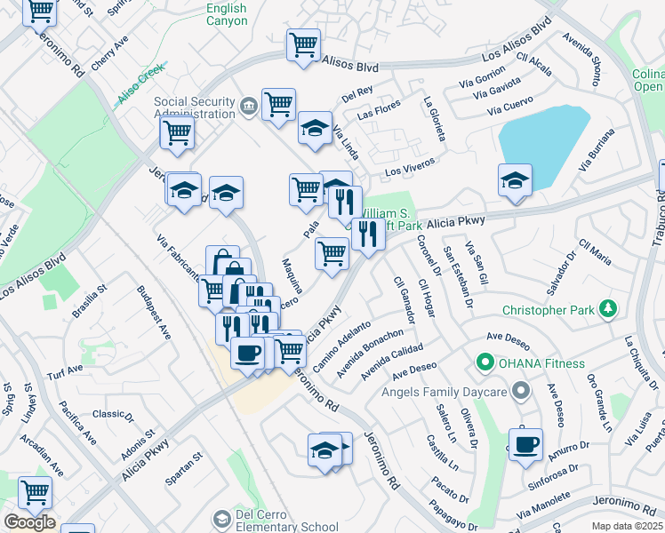 map of restaurants, bars, coffee shops, grocery stores, and more near 26034 Acero in Mission Viejo