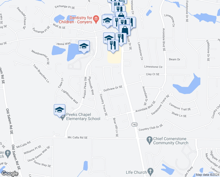 map of restaurants, bars, coffee shops, grocery stores, and more near 2120 Golfview Drive Southeast in Conyers