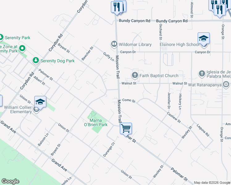 map of restaurants, bars, coffee shops, grocery stores, and more near Wildomar Trail in Wildomar