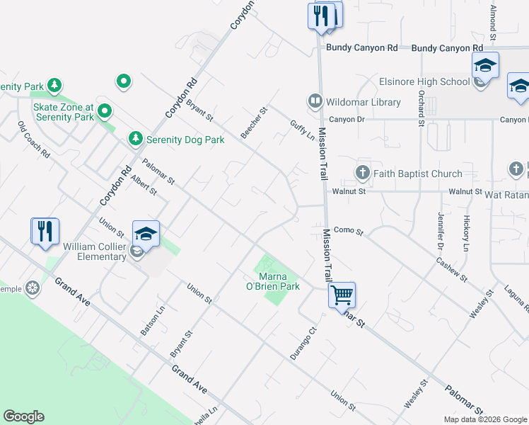 map of restaurants, bars, coffee shops, grocery stores, and more near 20446 Palomar Street in Wildomar