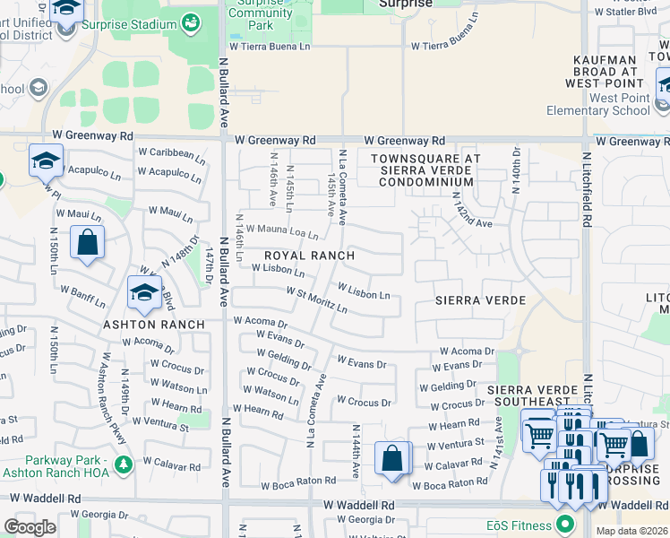 map of restaurants, bars, coffee shops, grocery stores, and more near North La Cometa Avenue in Surprise