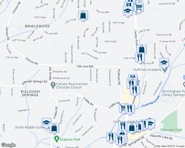 map of restaurants, bars, coffee shops, grocery stores, and more near 1221 Linwood Street in Birmingham