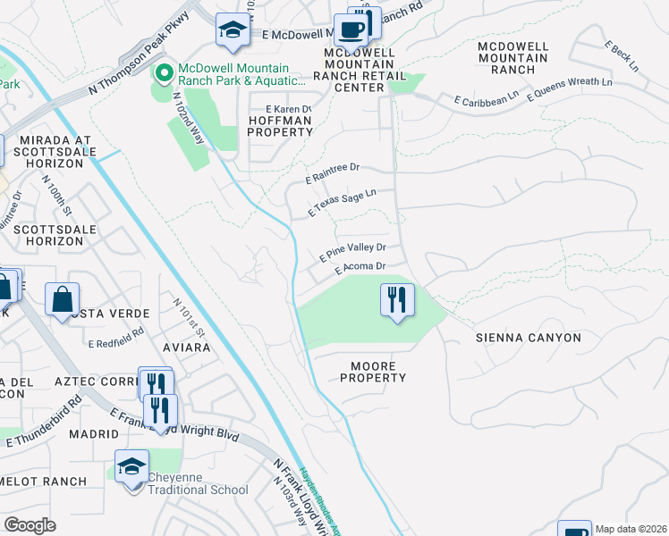 map of restaurants, bars, coffee shops, grocery stores, and more near 10375 East Acoma Drive in Scottsdale