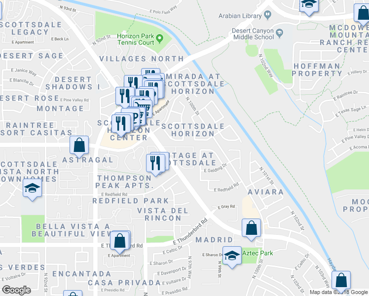 map of restaurants, bars, coffee shops, grocery stores, and more near 14488 North 98th Place in Scottsdale