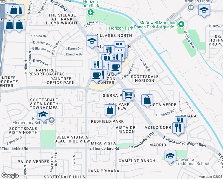map of restaurants, bars, coffee shops, grocery stores, and more near 9555 East Raintree Drive in Scottsdale