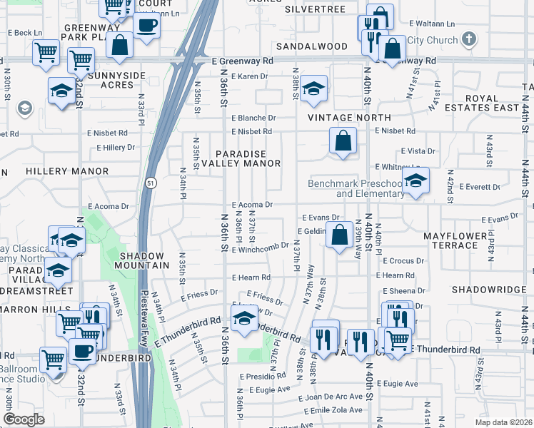 map of restaurants, bars, coffee shops, grocery stores, and more near 3724 East Gelding Drive in Phoenix