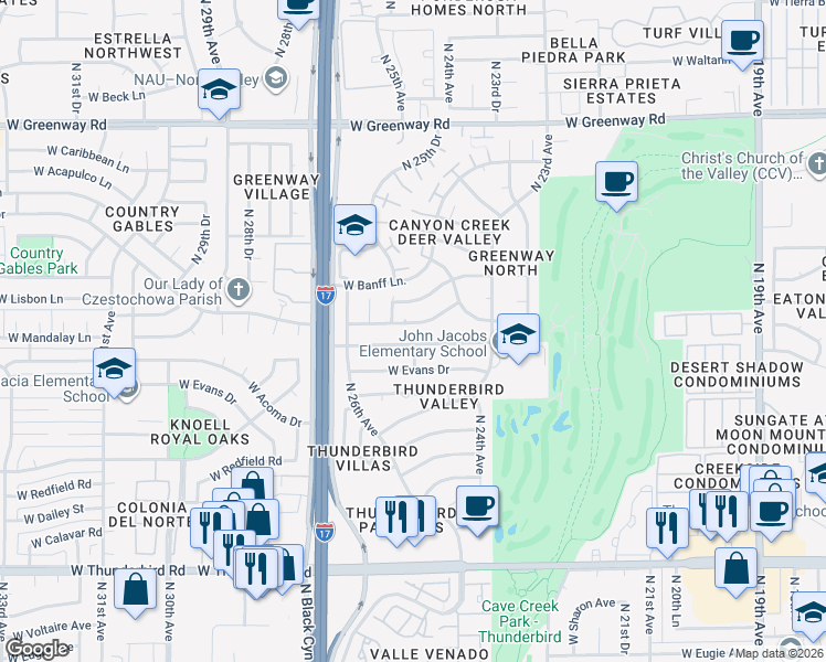 map of restaurants, bars, coffee shops, grocery stores, and more near 2427 West Acoma Drive in Phoenix