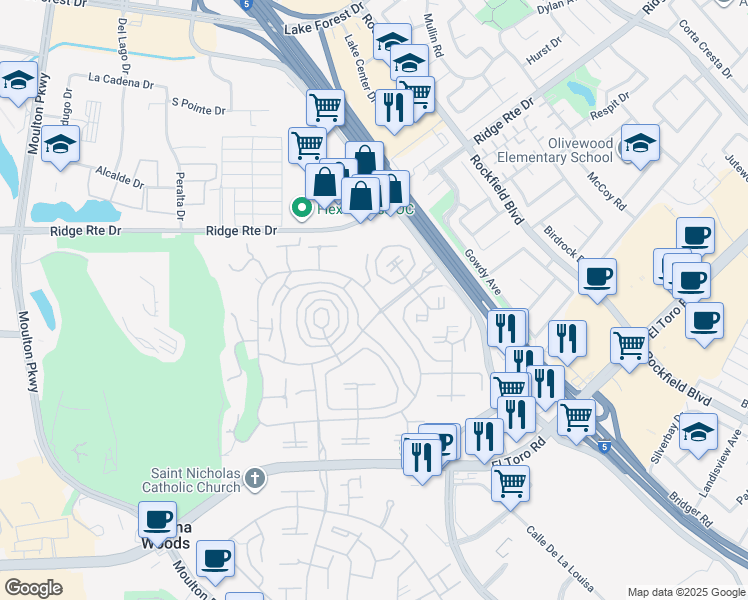 map of restaurants, bars, coffee shops, grocery stores, and more near 2110 Via Puerta in Laguna Woods