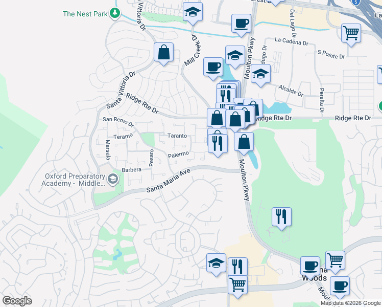 map of restaurants, bars, coffee shops, grocery stores, and more near 23712 San Dona in Laguna Hills