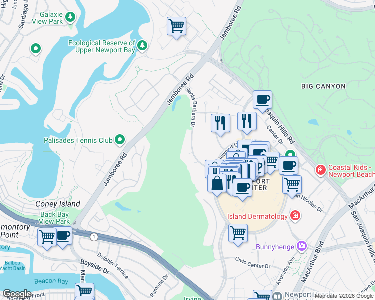 map of restaurants, bars, coffee shops, grocery stores, and more near 1223 Santa Barbara Drive in Newport Beach