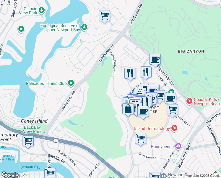 map of restaurants, bars, coffee shops, grocery stores, and more near 1223 Santa Barbara Drive in Newport Beach