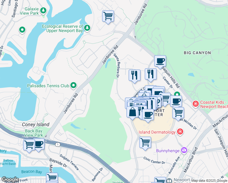 map of restaurants, bars, coffee shops, grocery stores, and more near 1223 Santa Barbara Drive in Newport Beach