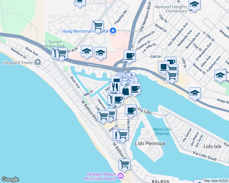 map of restaurants, bars, coffee shops, grocery stores, and more near 3475 Newport Boulevard in Newport Beach