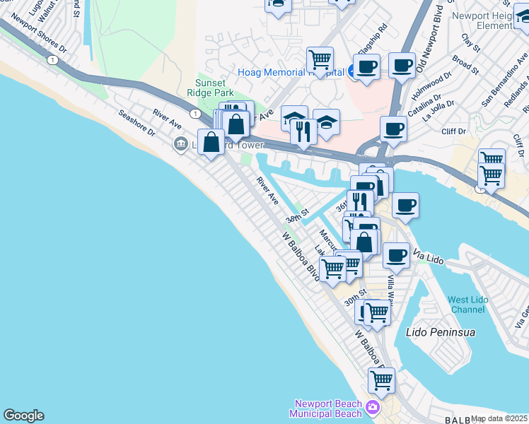 map of restaurants, bars, coffee shops, grocery stores, and more near 124 39th Street in Newport Beach