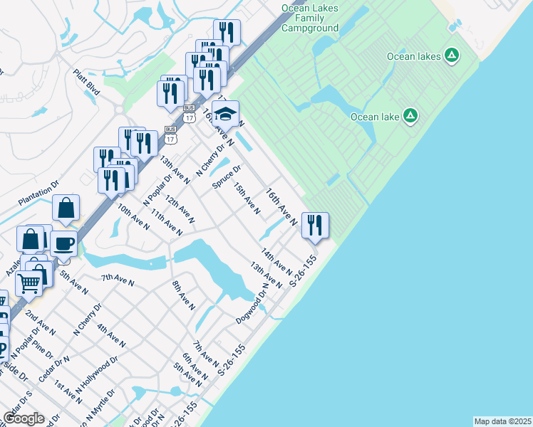 map of restaurants, bars, coffee shops, grocery stores, and more near 1513 Magnolia Drive in Surfside Beach