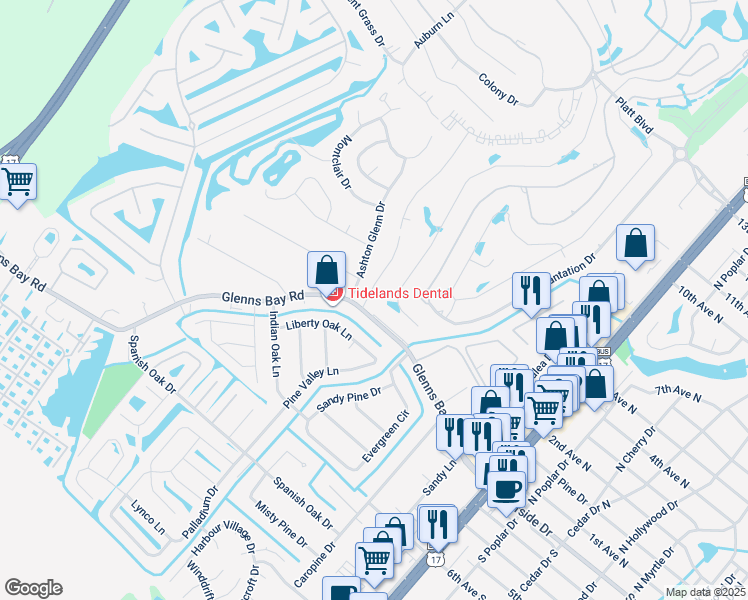 map of restaurants, bars, coffee shops, grocery stores, and more near 99 Garden Drive in Myrtle Beach