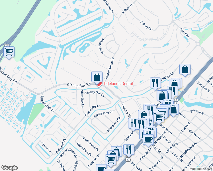 map of restaurants, bars, coffee shops, grocery stores, and more near 99 Garden Drive in Myrtle Beach
