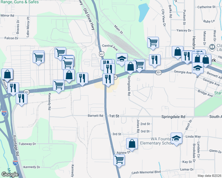 map of restaurants, bars, coffee shops, grocery stores, and more near 5010 Old Dixie Highway in Forest Park