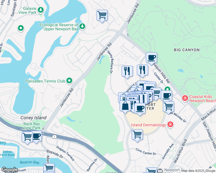 map of restaurants, bars, coffee shops, grocery stores, and more near 1513 Santa Barbara Drive in Newport Beach