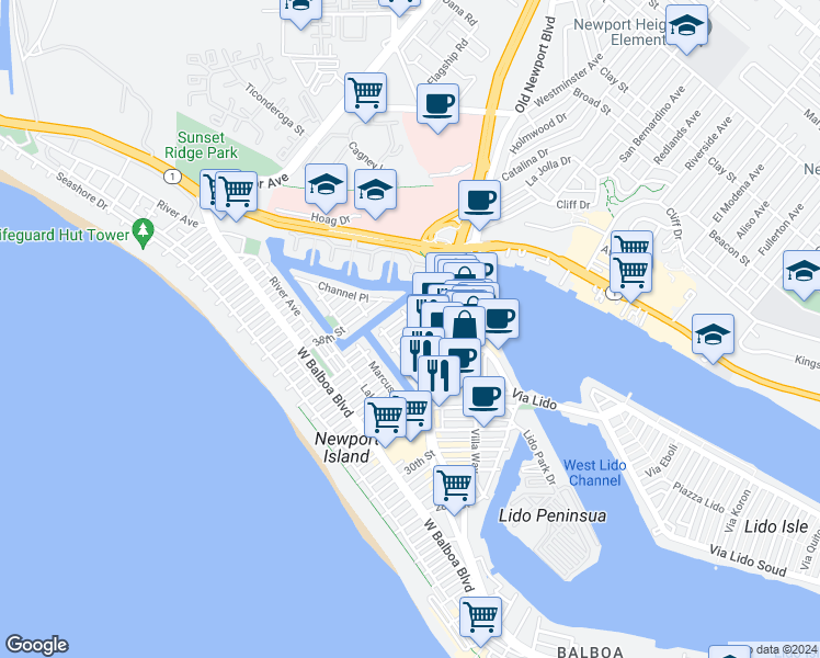 map of restaurants, bars, coffee shops, grocery stores, and more near 517 35th Street in Newport Beach