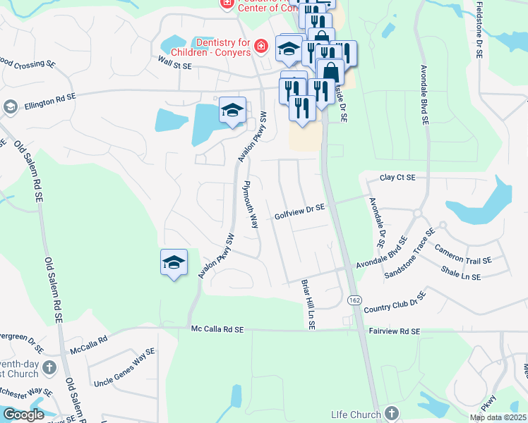 map of restaurants, bars, coffee shops, grocery stores, and more near 2548 Plymouth Way Southeast in Conyers