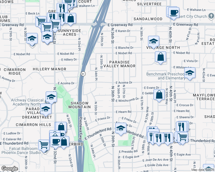map of restaurants, bars, coffee shops, grocery stores, and more near 14432 North 36th Street in Phoenix