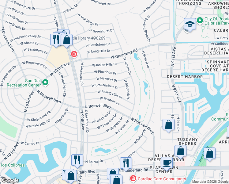 map of restaurants, bars, coffee shops, grocery stores, and more near 9445 West Rolling Hills Drive in Sun City