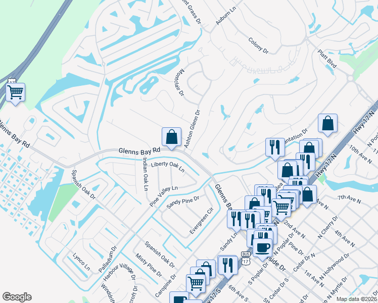 map of restaurants, bars, coffee shops, grocery stores, and more near 99 Garden Drive in Myrtle Beach