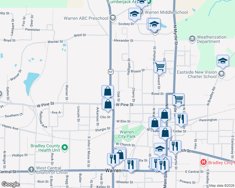 map of restaurants, bars, coffee shops, grocery stores, and more near 408 North Martin Street in Warren