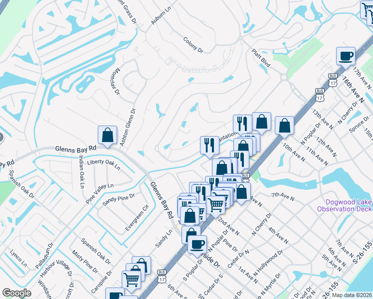 map of restaurants, bars, coffee shops, grocery stores, and more near 481 Rycola Circle in Surfside Beach