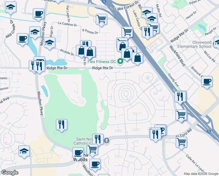 map of restaurants, bars, coffee shops, grocery stores, and more near 2329 Via Mariposa East in Laguna Woods